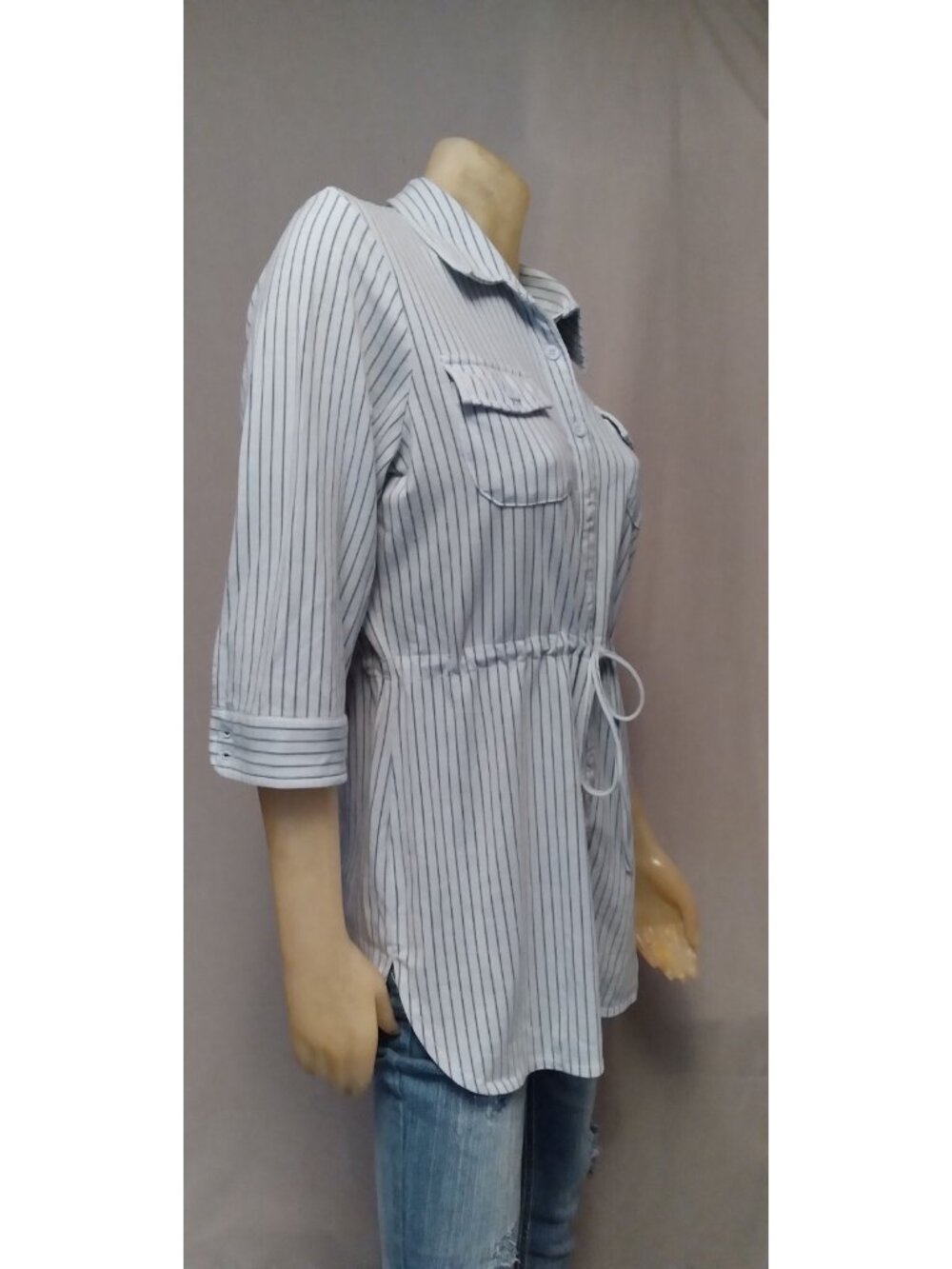 City Hearts Blue Striped Collared 3/4 Sleeve Blouse Top Shirt Womens USED MEDIUM - Picture 3 of 6